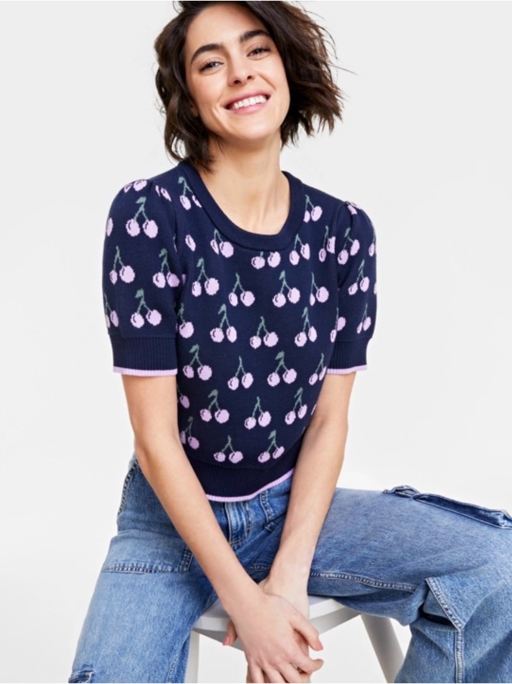 Women’s Navy Cherry Print Short Sleeve Sweater